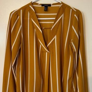 Forever 21 Mustard & White Striped V-Neck Blouse - Size S